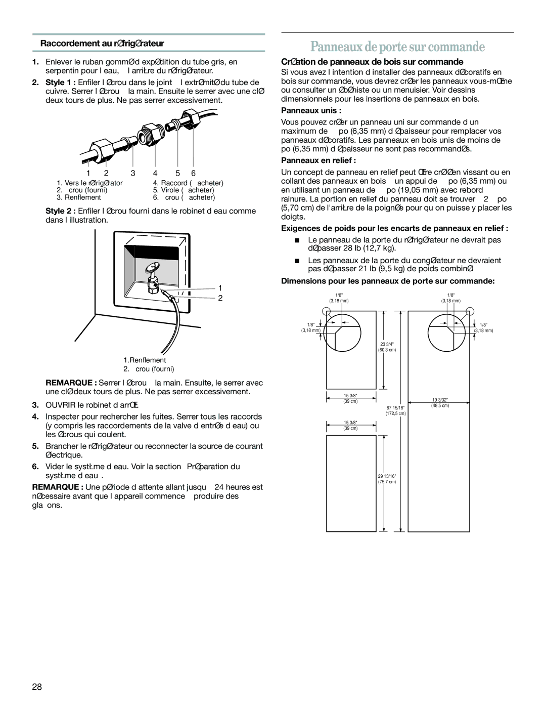 Whirlpool GC5SHGXKB00 manual Panneaux de porte sur commande, Raccordement au réfrigérateur 