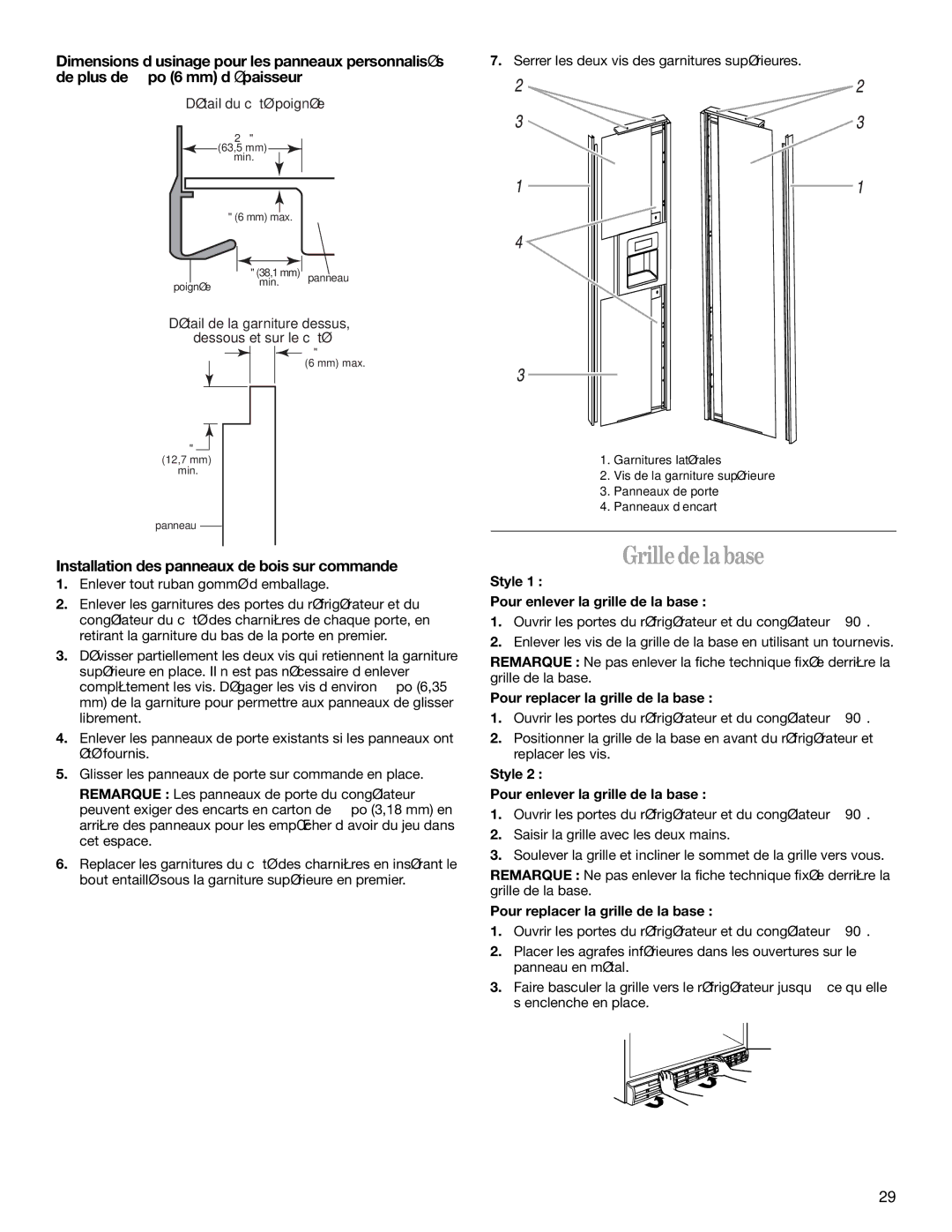 Whirlpool GC5SHGXKB00 manual Grille de la base, Installation des panneaux de bois sur commande 