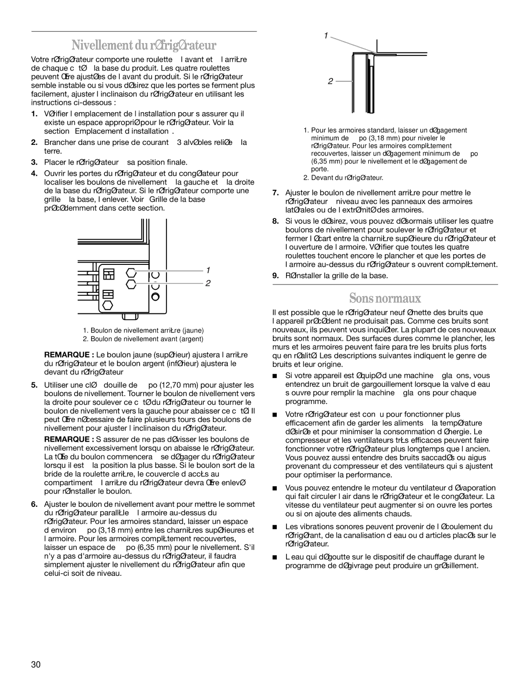 Whirlpool GC5SHGXKB00 manual Nivellement du réfrigérateur, Sons normaux 