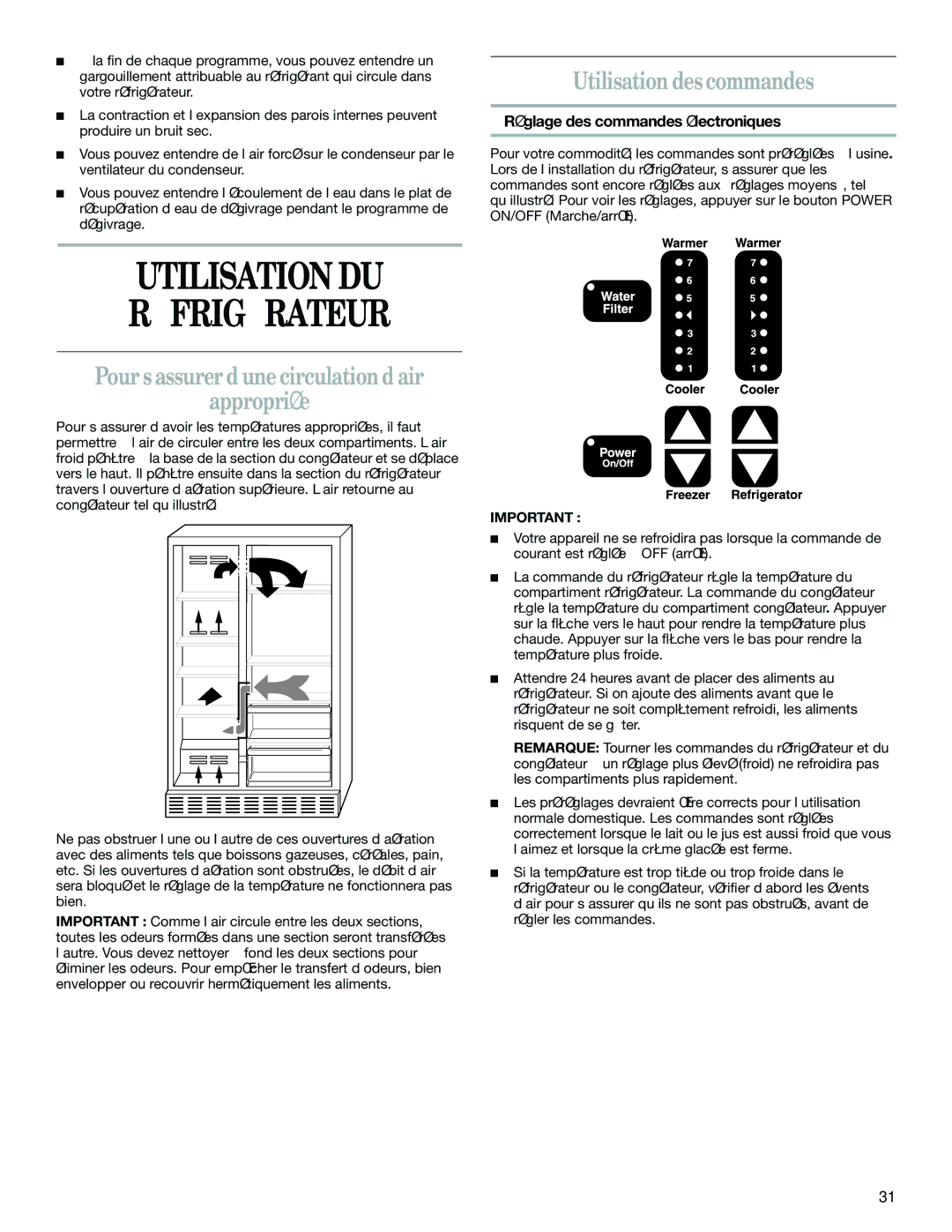 Whirlpool GC5SHGXKB00 manual Utilisation DU Réfrigérateur, Utilisation des commandes, Réglage des commandes électroniques 