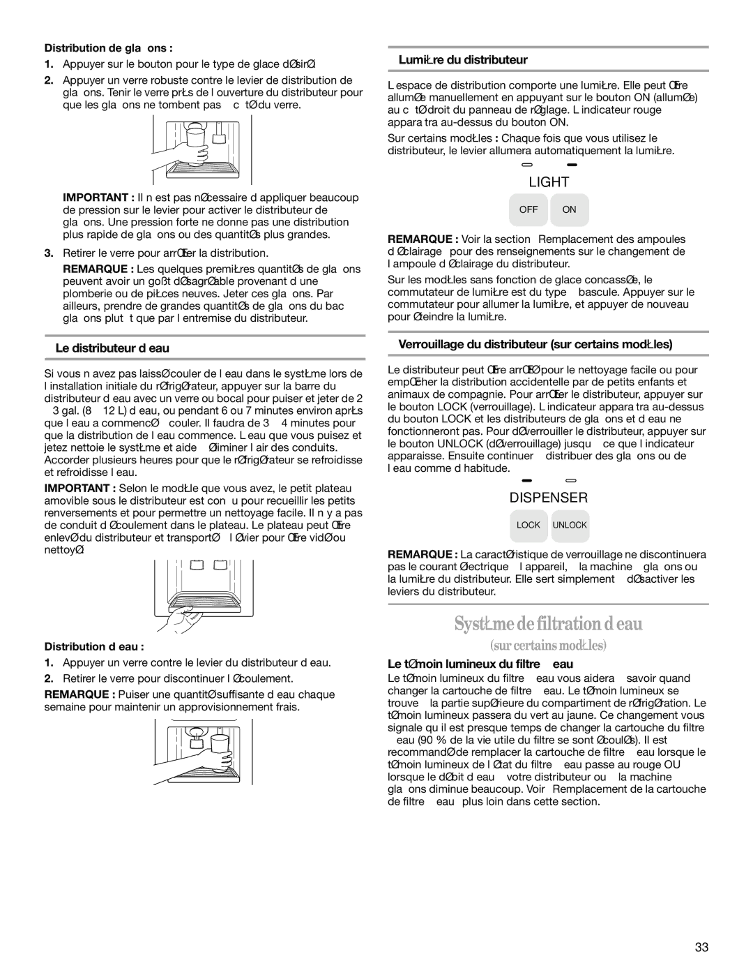 Whirlpool GC5SHGXKB00 manual Système de filtration d’eau, Lumière du distributeur, Le distributeur d’eau 