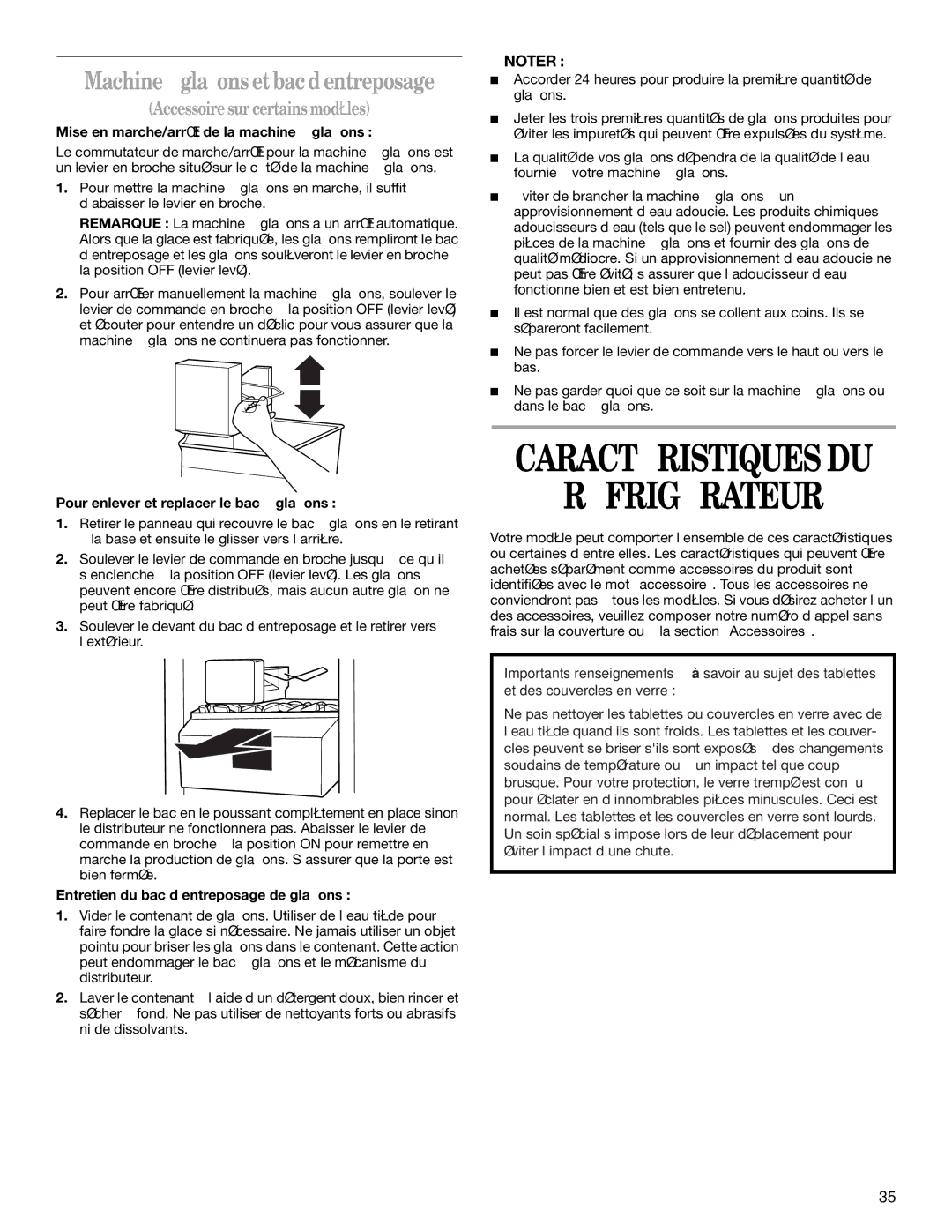 Whirlpool GC5SHGXKB00 manual Accessoire sur certains modèles, Mise en marche/arrêt de la machine à glaçons 