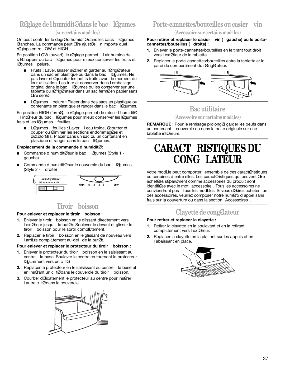 Whirlpool GC5SHGXKB00 manual Congélateur, Tiroir à boisson, Porte-cannettes/bouteilles ou casier à vin, Bac utilitaire 