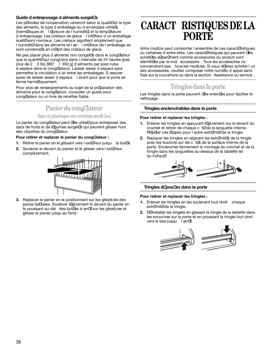 Whirlpool GC5SHGXKB00 manual Porte, Panier du congélateur, Tringles dans la porte, Bac en plastique sur certains modèles 