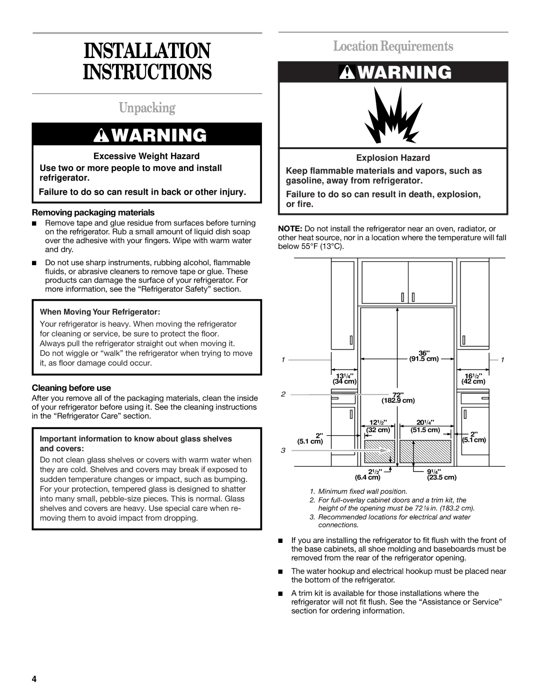 Whirlpool GC5SHGXKB00 manual Installation Instructions, Unpacking, Location Requirements, Cleaning before use 