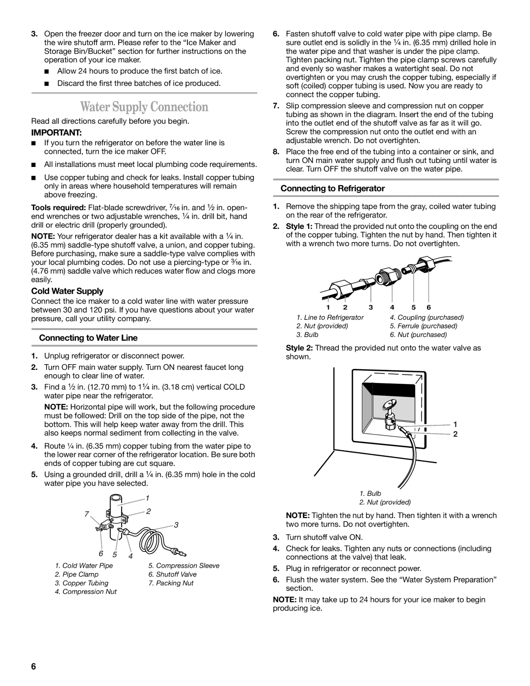 Whirlpool GC5SHGXKB00 Water Supply Connection, Cold Water Supply, Connecting to Water Line, Connecting to Refrigerator 