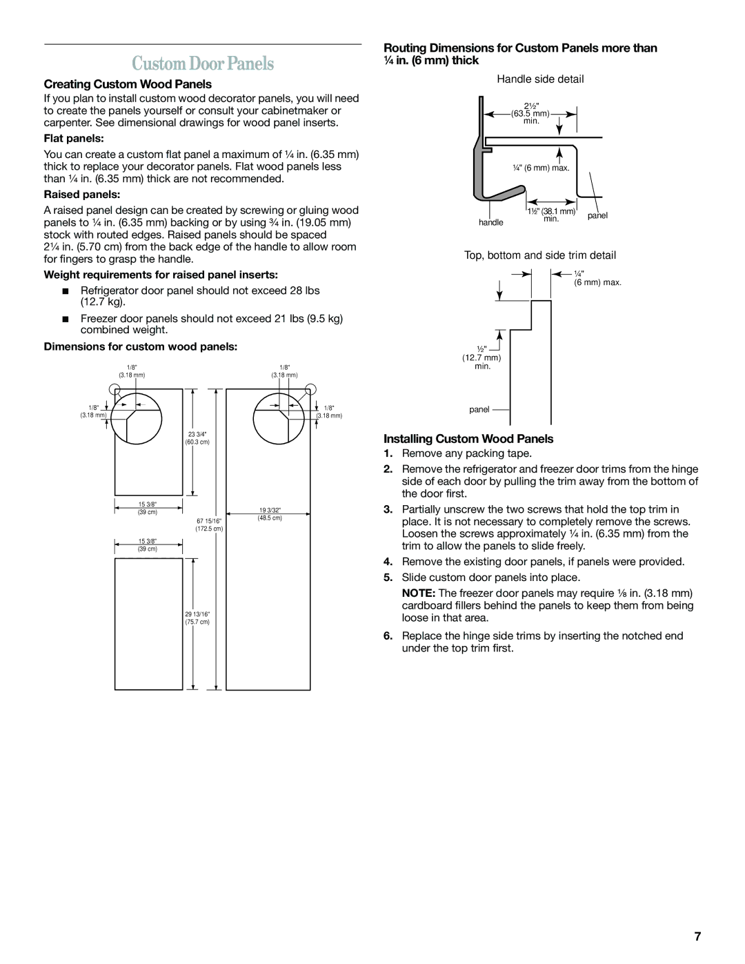 Whirlpool GC5SHGXKB00 manual Custom Door Panels, Creating Custom Wood Panels, Installing Custom Wood Panels 