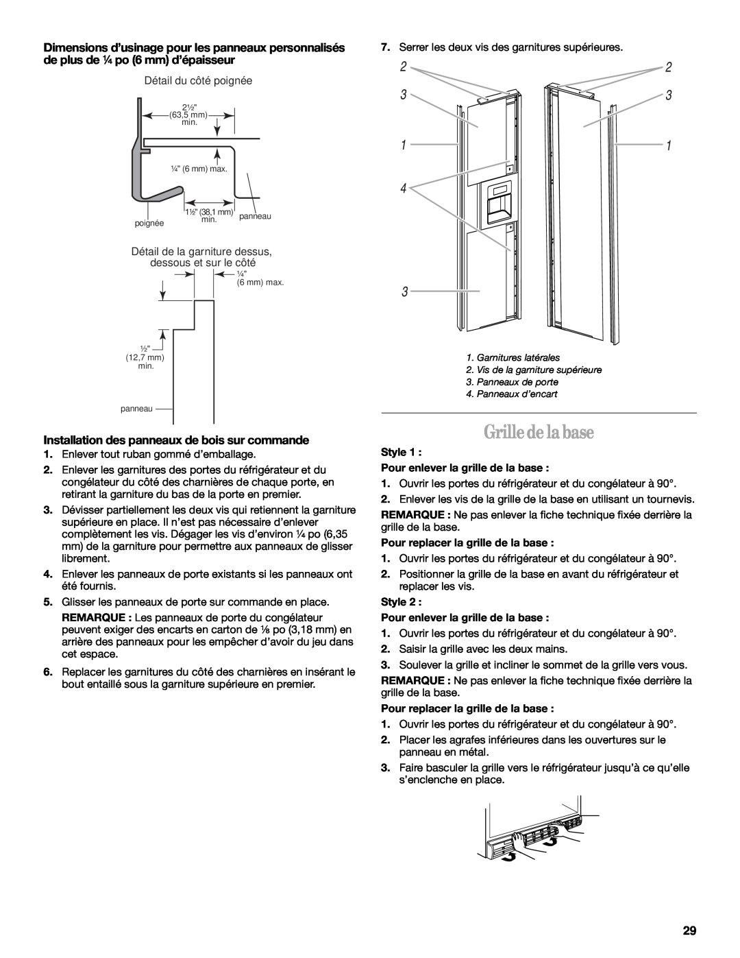 Whirlpool GC5SHGXKB00 manual Grille de la base, Installation des panneaux de bois sur commande 