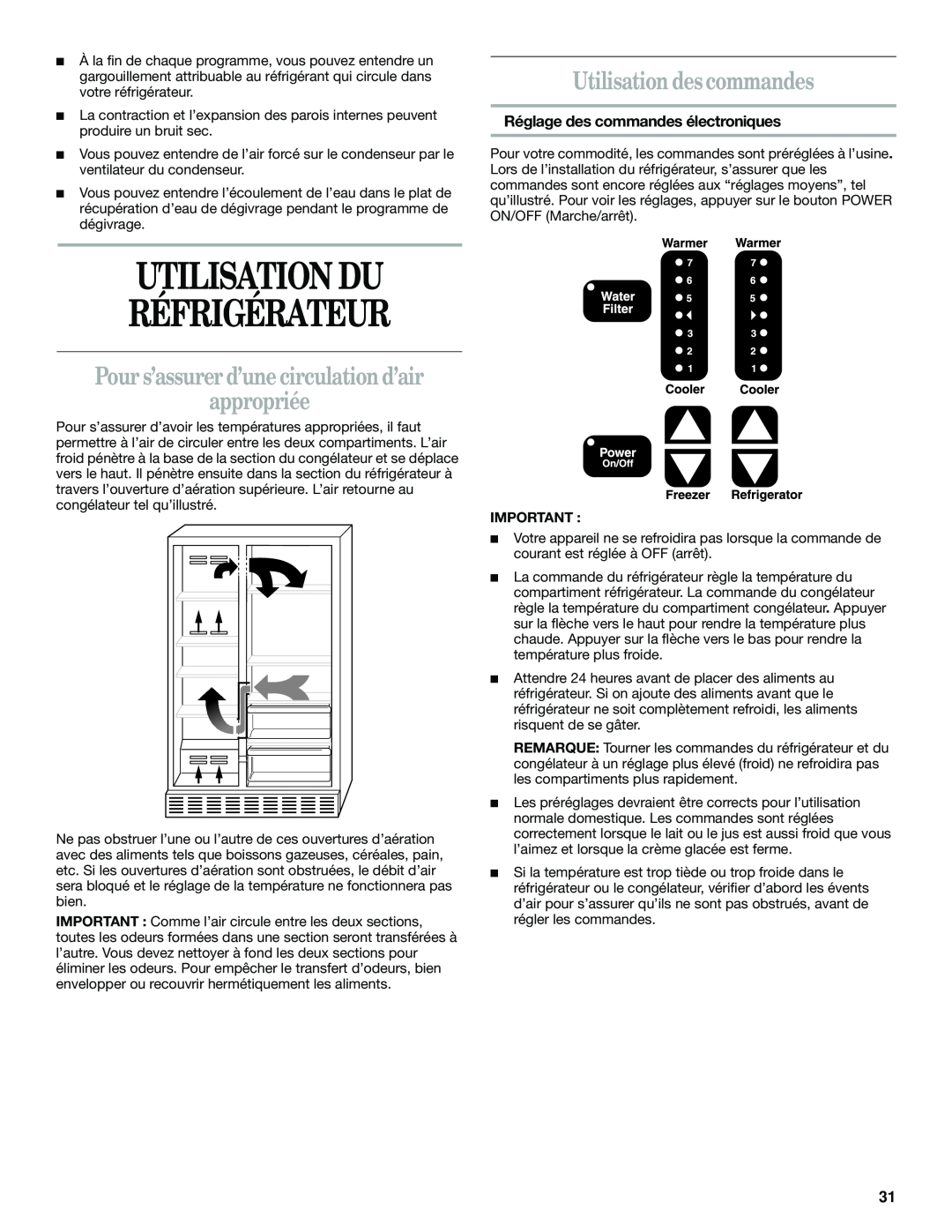 Whirlpool GC5SHGXKB00 manual Utilisation Du Réfrigérateur, Utilisation des commandes, Réglage des commandes électroniques 