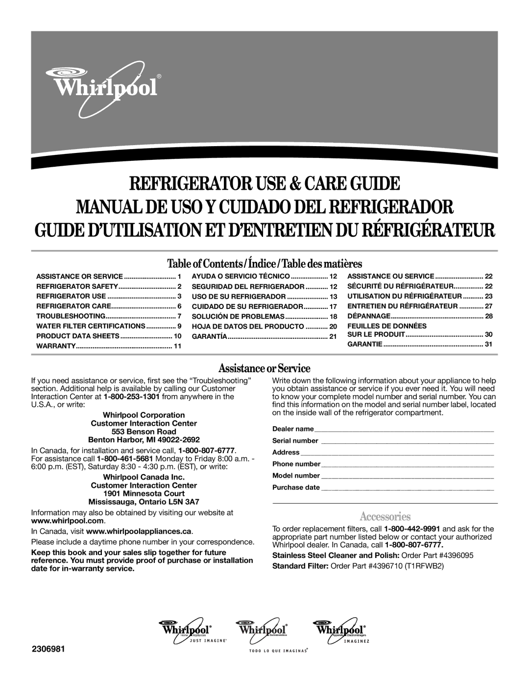 Whirlpool KSBP23INSS00, GC5THEXNB00, KSBS23INBL00, KSBS23INBT00 warranty Refrigerator USE & Care Guide, Accessories 