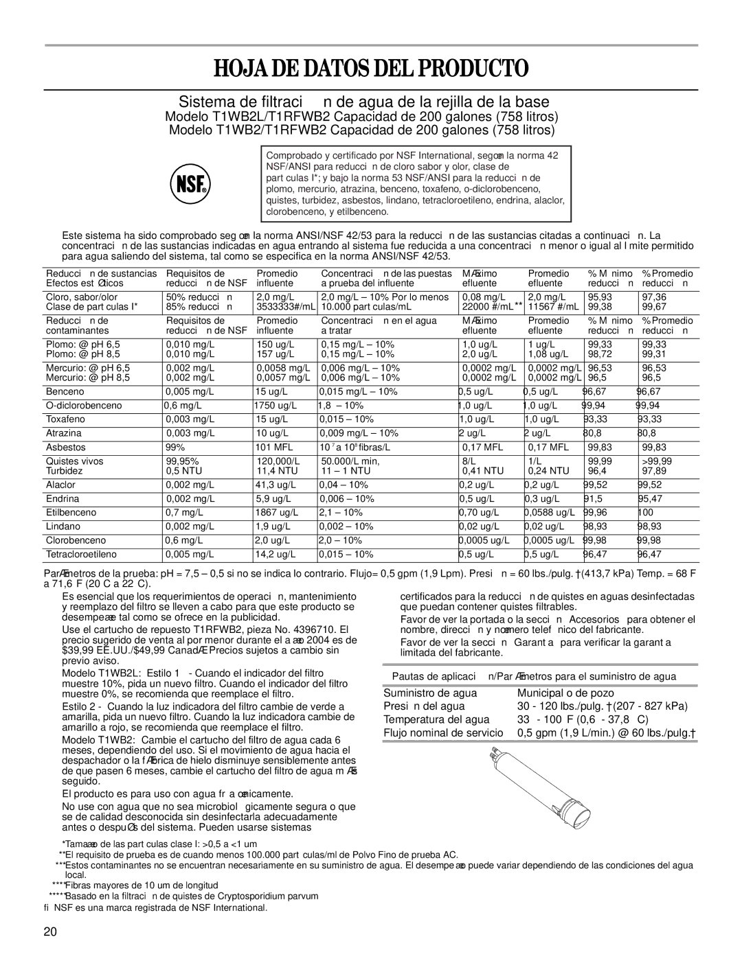 Whirlpool KSRU25CRBL00, GC5THEXNB00 Hoja DE Datos DEL Producto, Sistema de filtración de agua de la rejilla de la base 