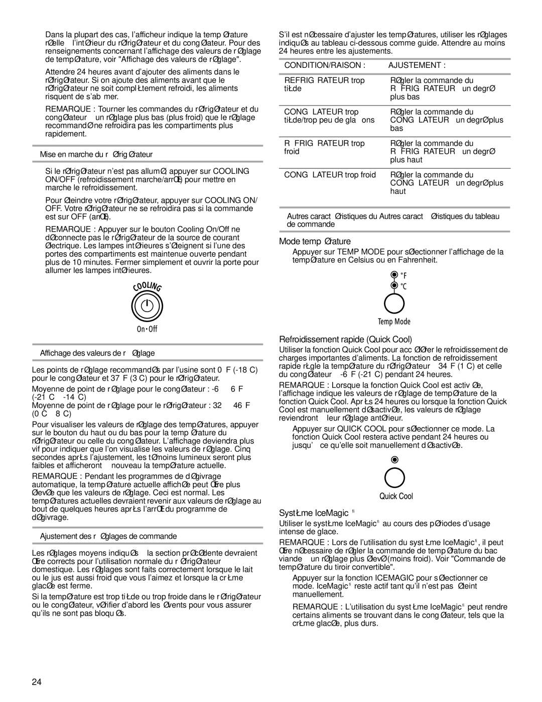 Whirlpool KSRL25FRBT00 Mode température, Refroidissement rapide Quick Cool, Système IceMagic, CONDITION/RAISON Ajustement 