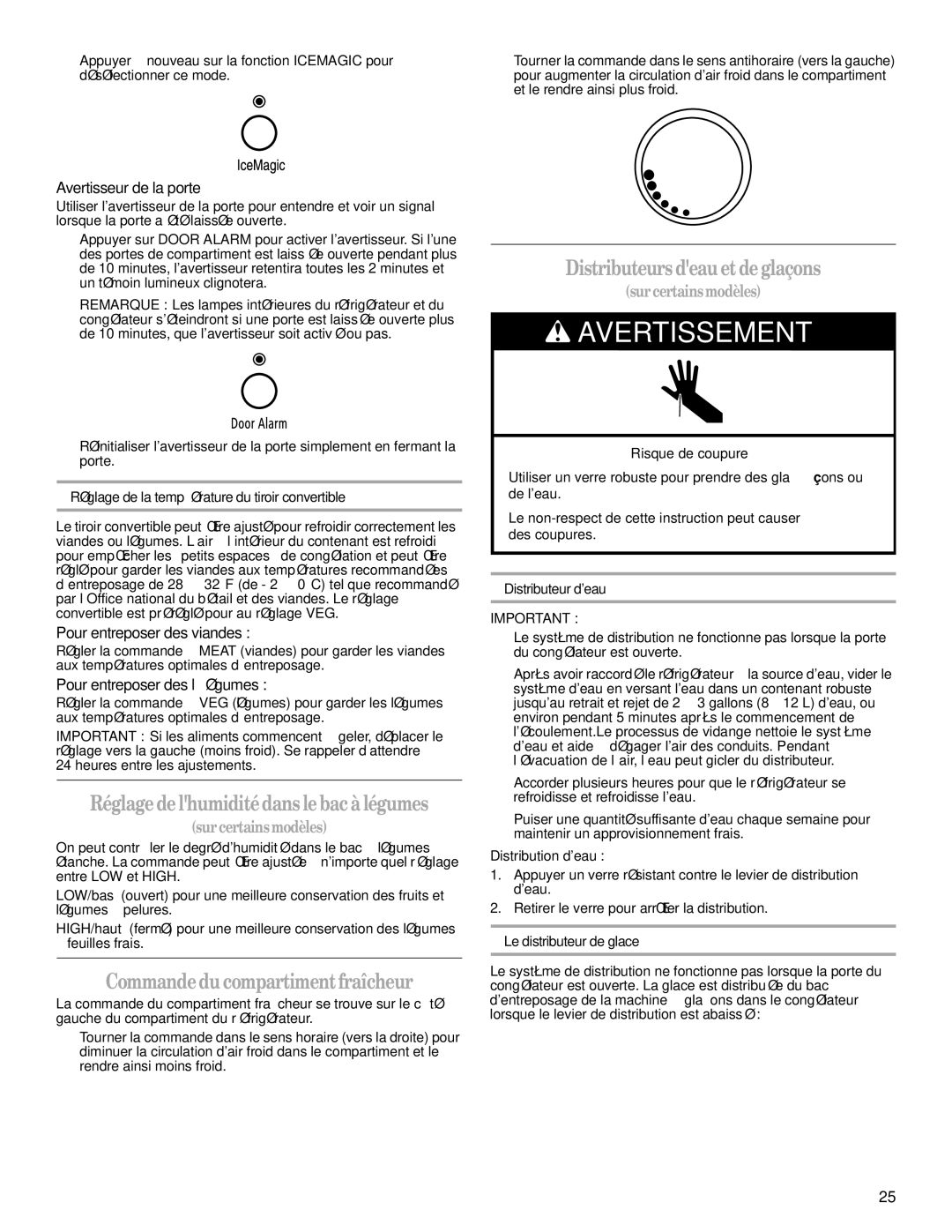 Whirlpool KSRU25CRSS01, GC5THEXNB00, KSBP23INSS00 Réglagedelhumiditédans lebacà légumes, Commandedu compartimentfraîcheur 