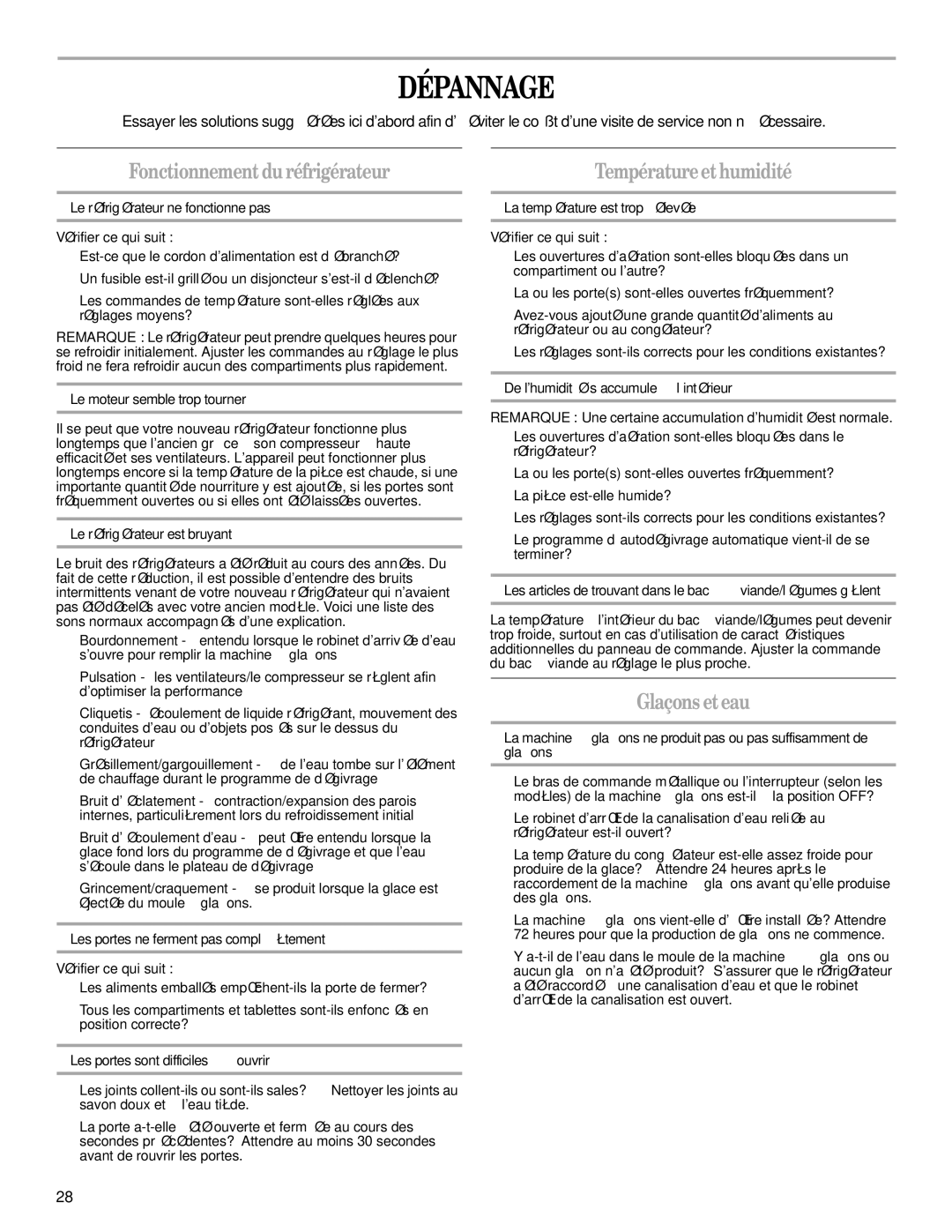 Whirlpool KSRU25CRST00, GC5THEXNB00 warranty Dépannage, Fonctionnementduréfrigérateur, Températureethumidité, Glaçons eteau 