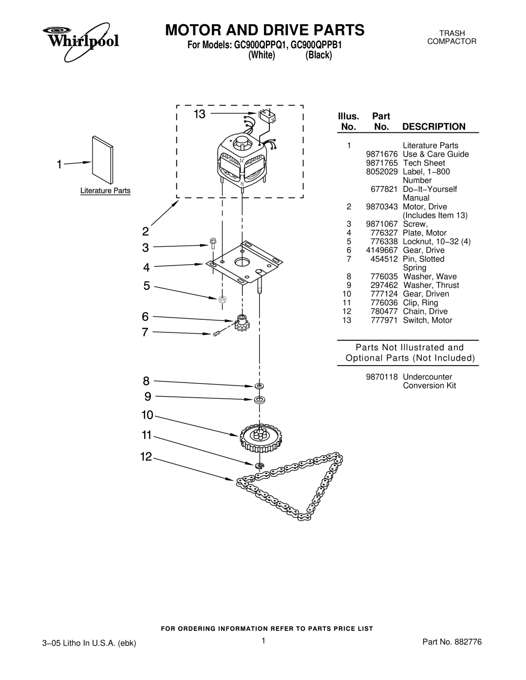 Whirlpool manual Motor and Drive Parts, For Models GC900QPPQ1, GC900QPPB1 White Black 