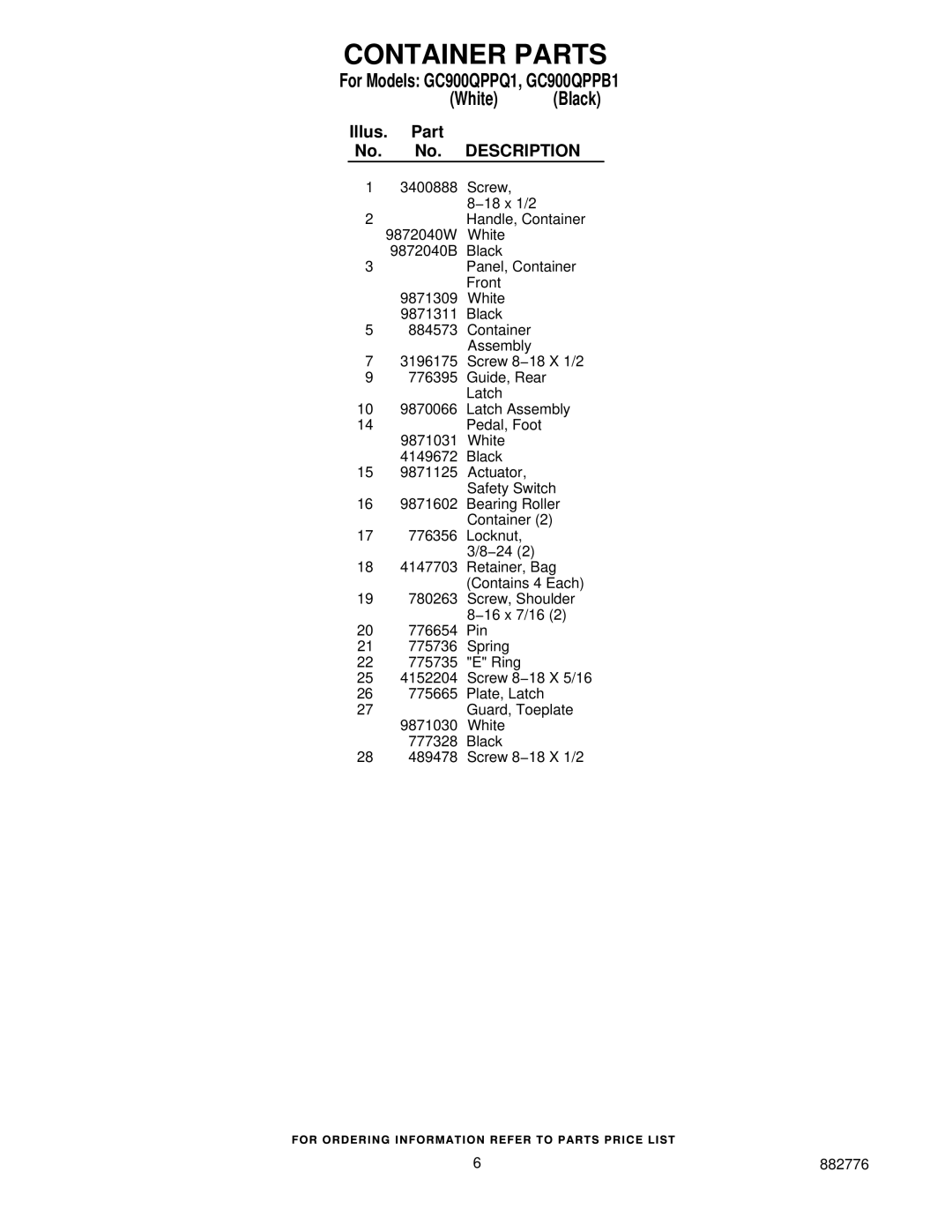 Whirlpool GC900QPPB1, GC900QPPQ1 manual Container Parts 