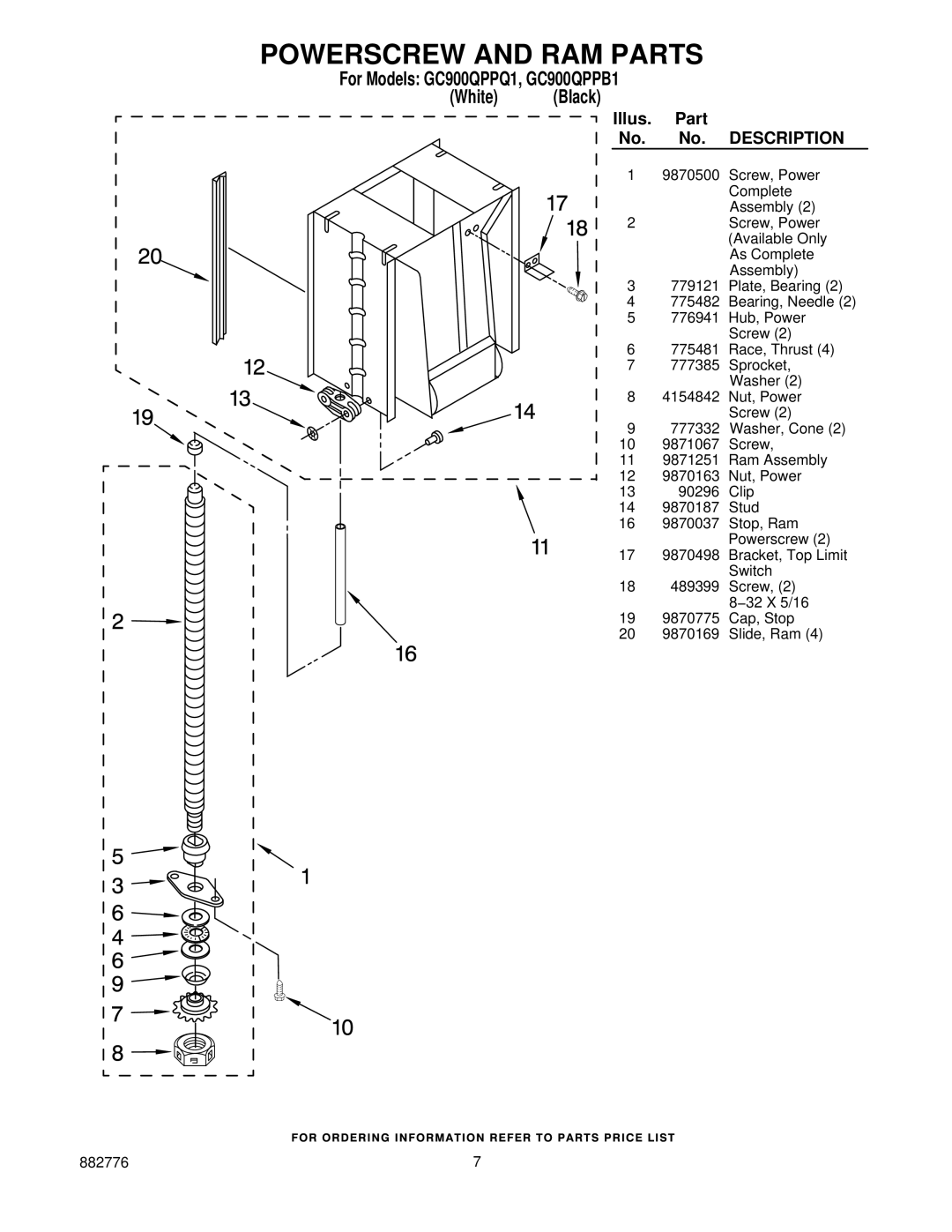 Whirlpool GC900QPPQ1, GC900QPPB1 manual Powerscrew and RAM Parts, White 