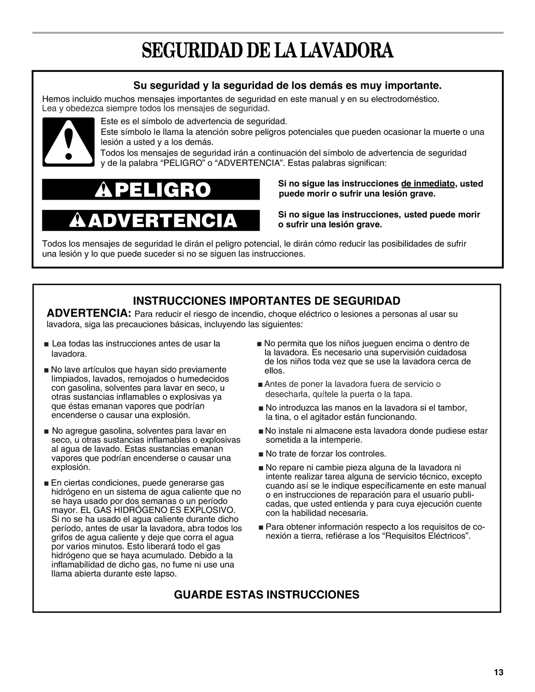 Whirlpool GCAM2792LQ0 manual Seguridad DE LA Lavadora, Su seguridad y la seguridad de los demás es muy importante 