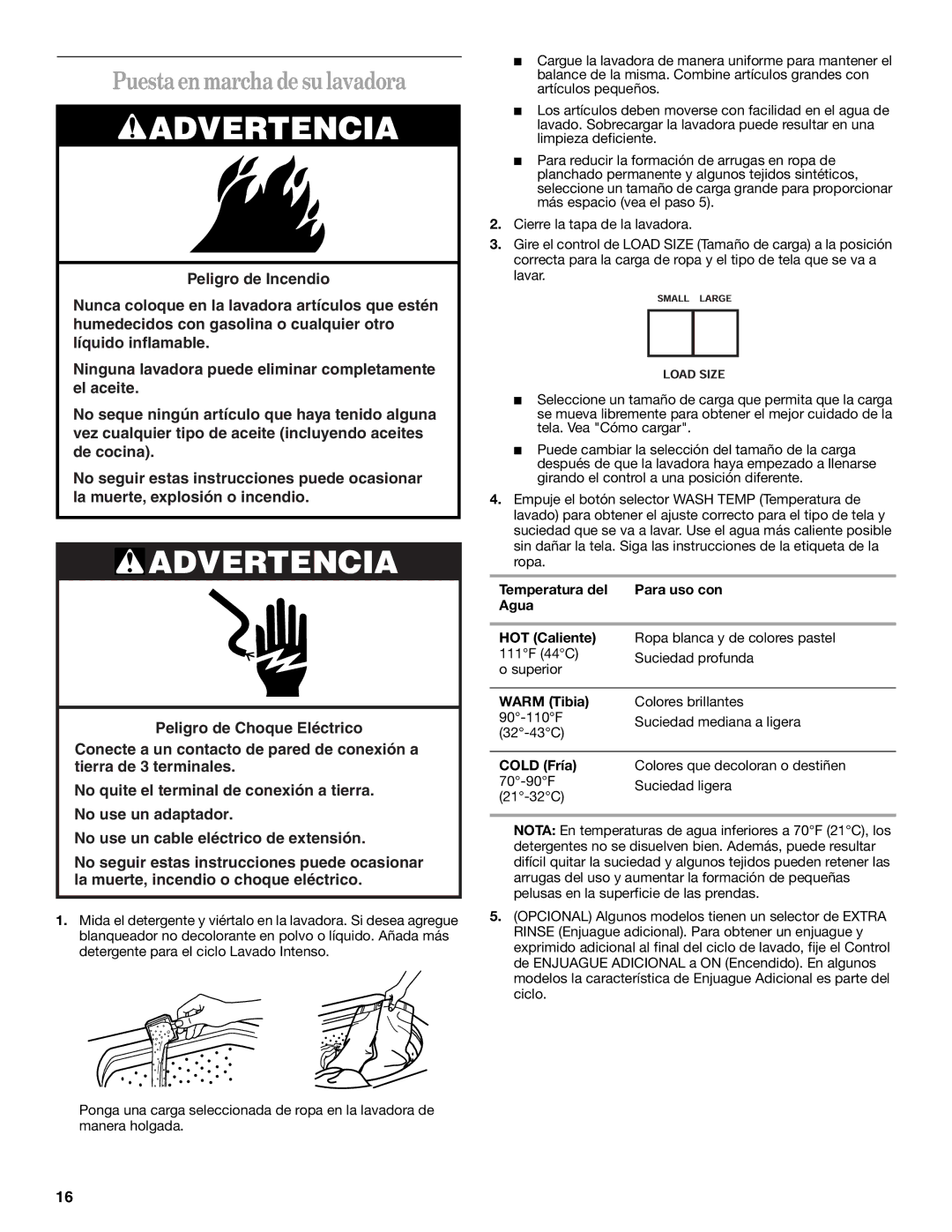 Whirlpool GCAM2792LQ0 manual Puesta en marcha de su lavadora, Temperatura del Para uso con Agua HOT Caliente, Warm Tibia 