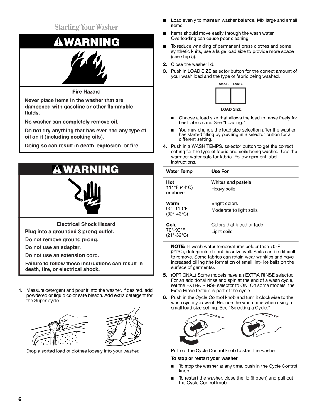 Whirlpool GCAM2792LQ0 manual Starting Your Washer, Water Temp Use For Hot, Warm, Cold, To stop or restart your washer 