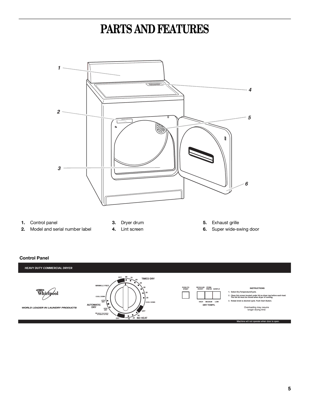 Whirlpool GCGM2991LQ0 manual Parts and Features, Control Panel Dryer drum Exhaust grille Lint screen 