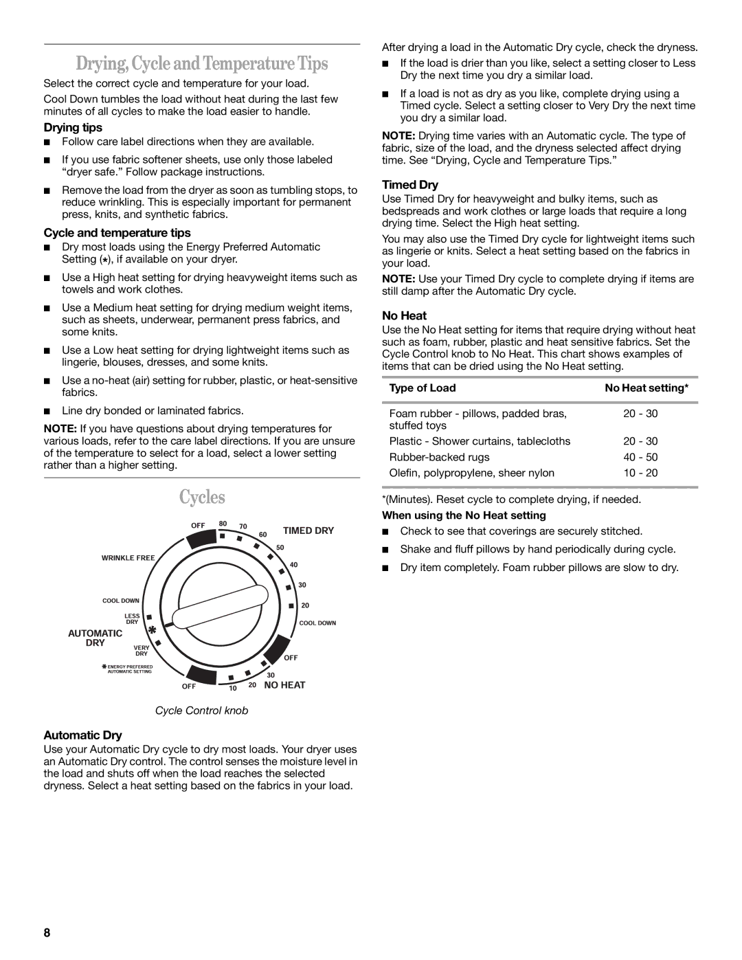 Whirlpool GCGM2991LQ0 manual Drying, Cycle and Temperature Tips, Cycles 