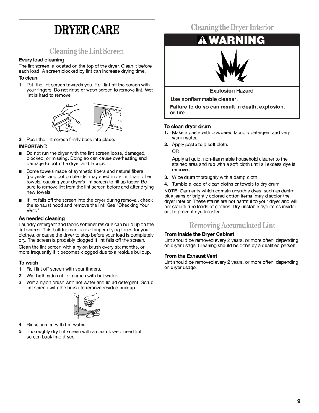 Whirlpool GCGM2991LQ0 manual Dryer Care, Cleaning the Lint Screen, Cleaning the Dryer Interior, Removing Accumulated Lint 