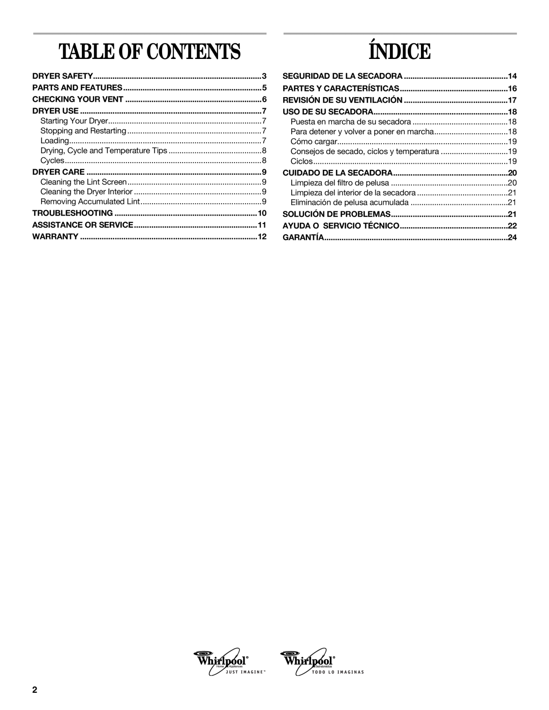 Whirlpool GCGM2991LQ0 manual Table Of Contents, Índice 