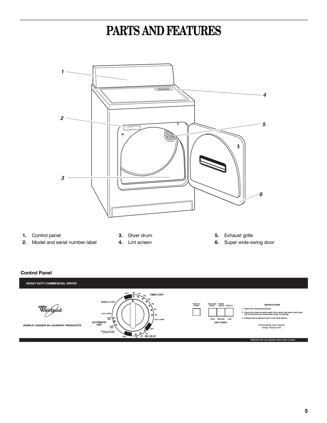 Whirlpool GCGM2991LQ0 Parts And Features, Control Panel, Dryer drum, Exhaust grille, Lint screen, Super wide-swing door 