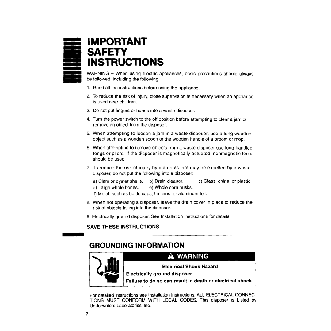 Whirlpool GC4000, GCI 000, GC2000, GC3000 manual Safety Instructions, Grounding Information 