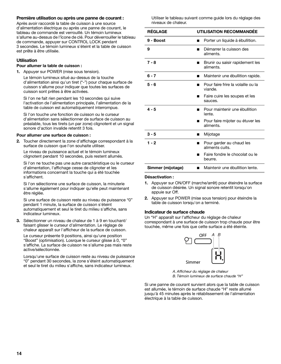 Whirlpool GCI3061X manual Première utilisation ou après une panne de courant, Utilisation, Pour allumer la table de cuisson 