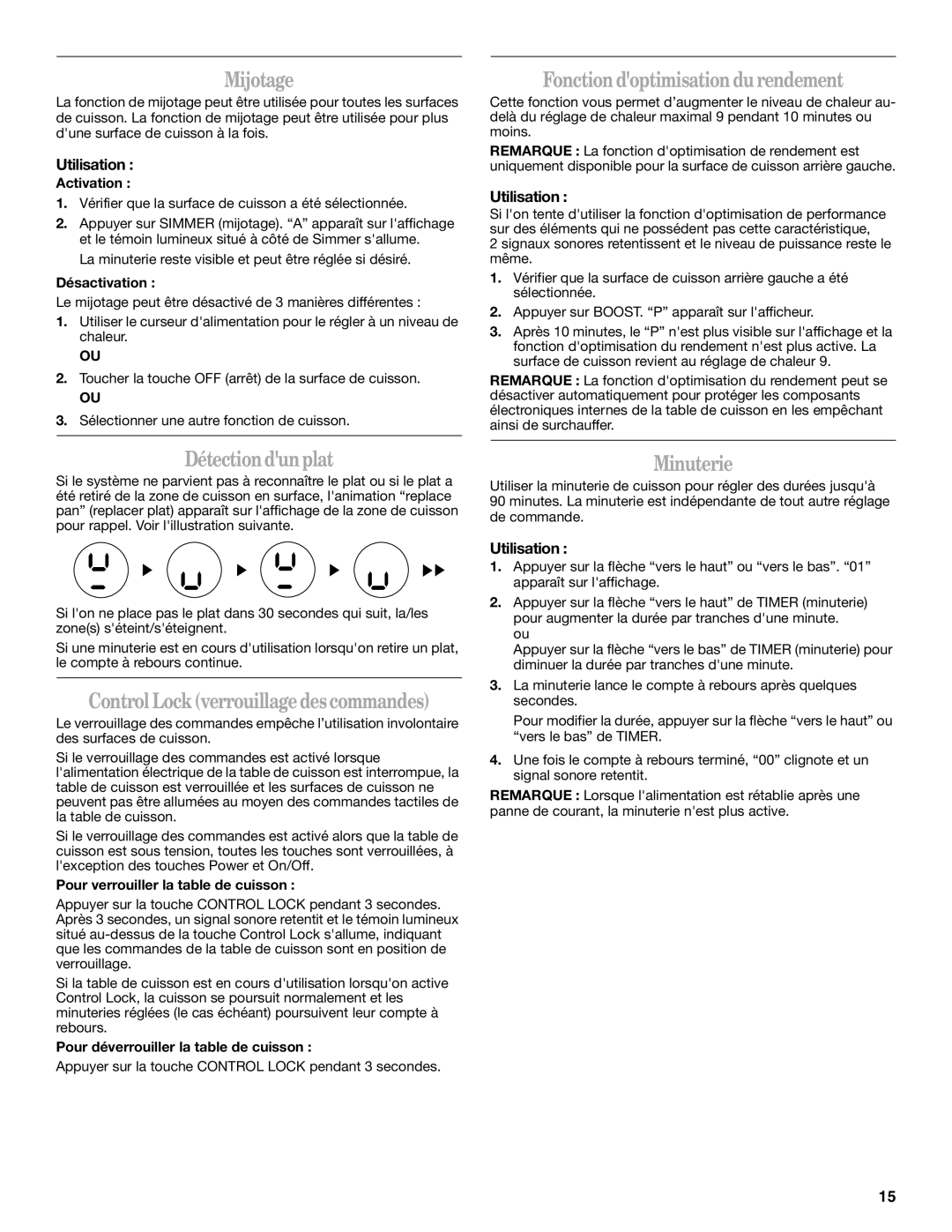 Whirlpool GCI3061XB manual Mijotage, Détection dunplat, Fonction doptimisation durendement, Minuterie 