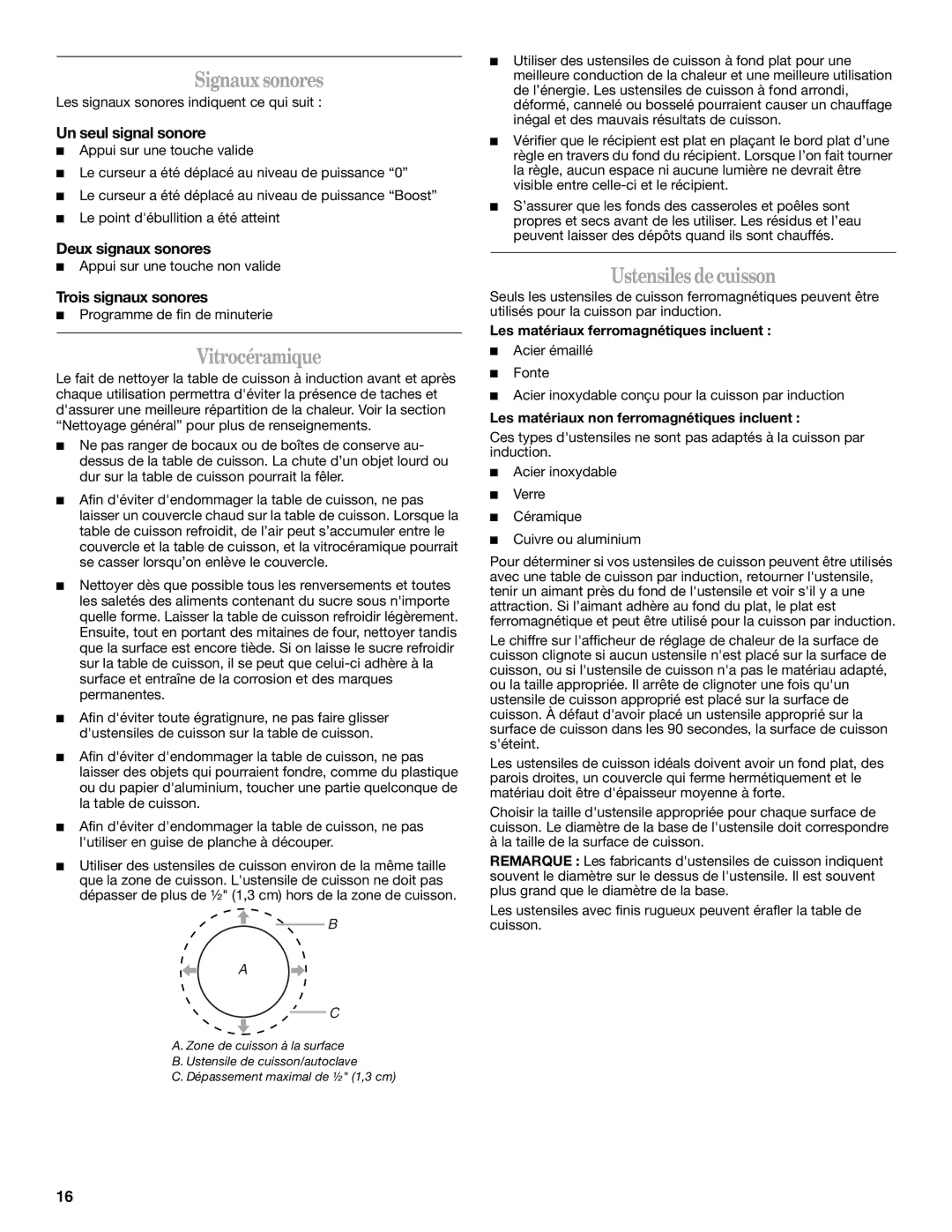 Whirlpool GCI3061XB manual Signaux sonores, Vitrocéramique, Ustensiles de cuisson 