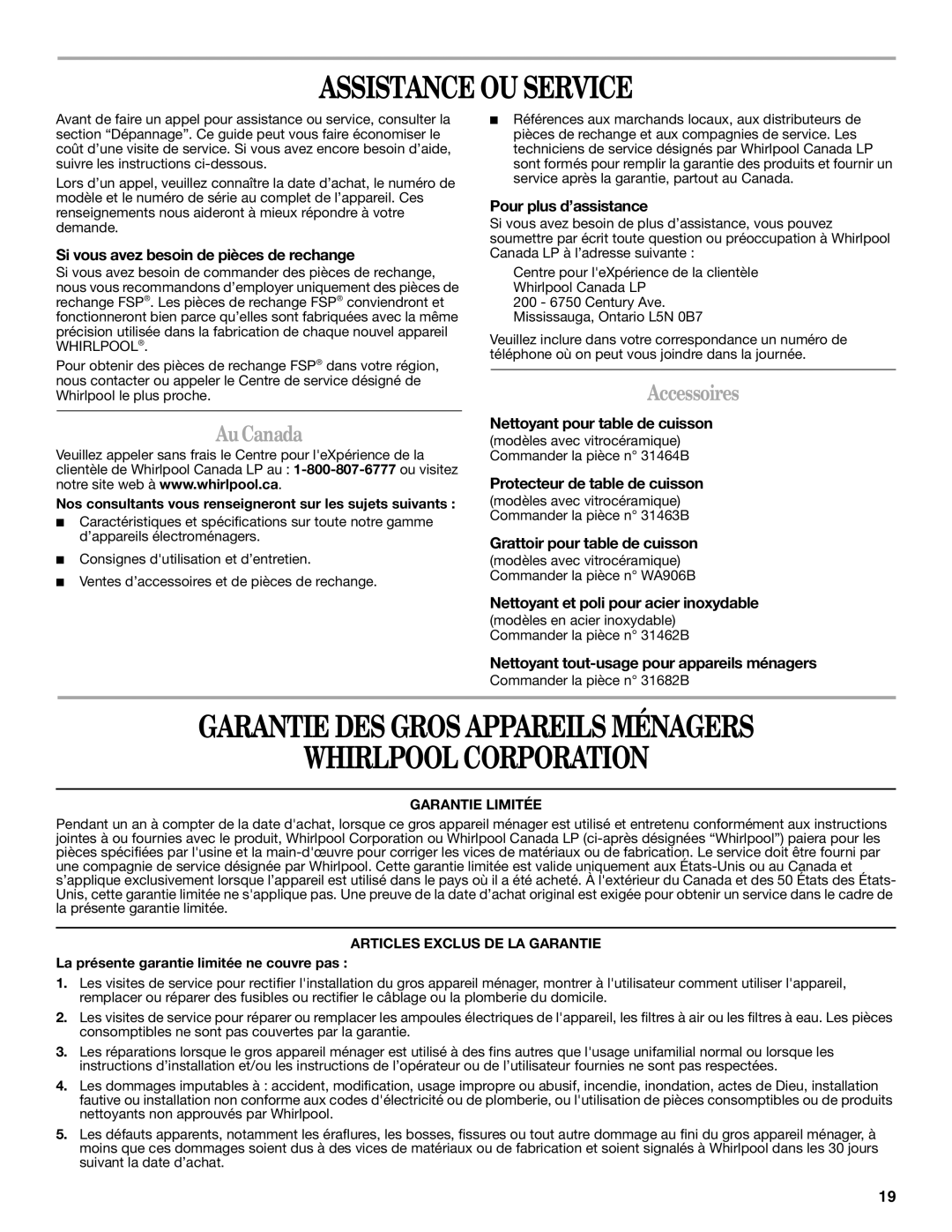 Whirlpool GCI3061XB manual Assistance OU Service, Garantie DES Gros Appareils Ménagers Whirlpool Corporation, Au Canada 