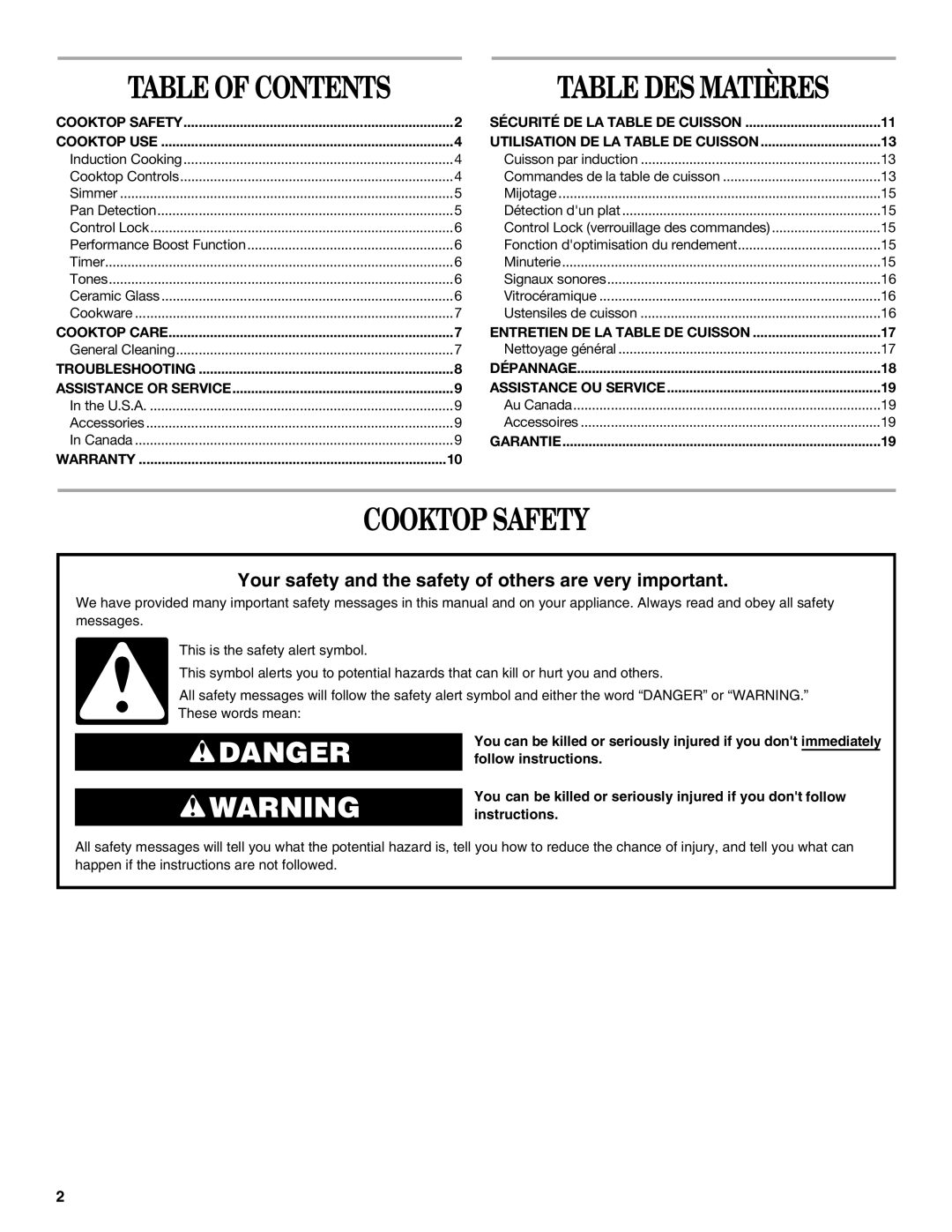 Whirlpool GCI3061XB manual Table DES Matières, Cooktop Safety 