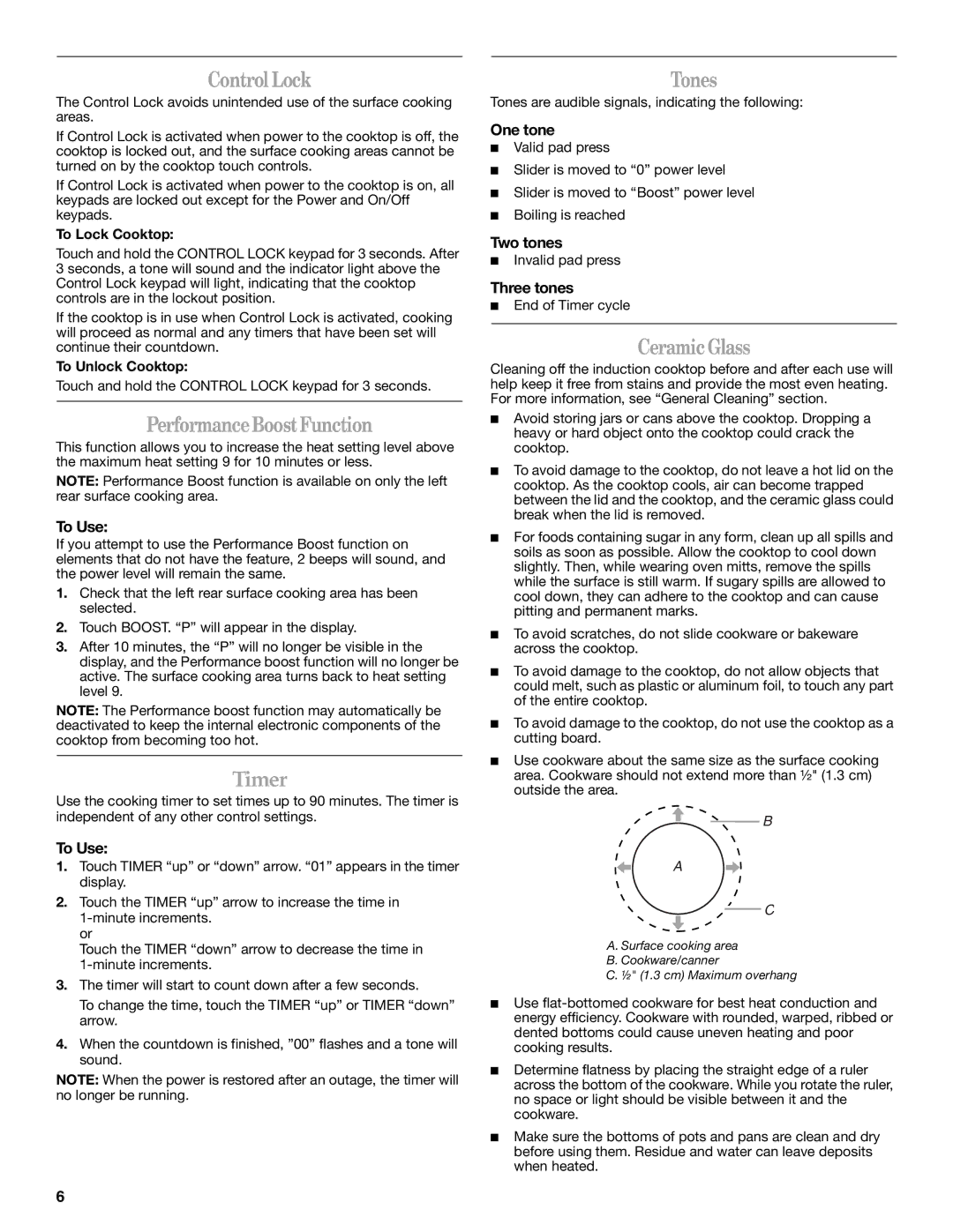 Whirlpool GCI3061XB manual Control Lock, Performance Boost Function, Timer, Tones, Ceramic Glass 