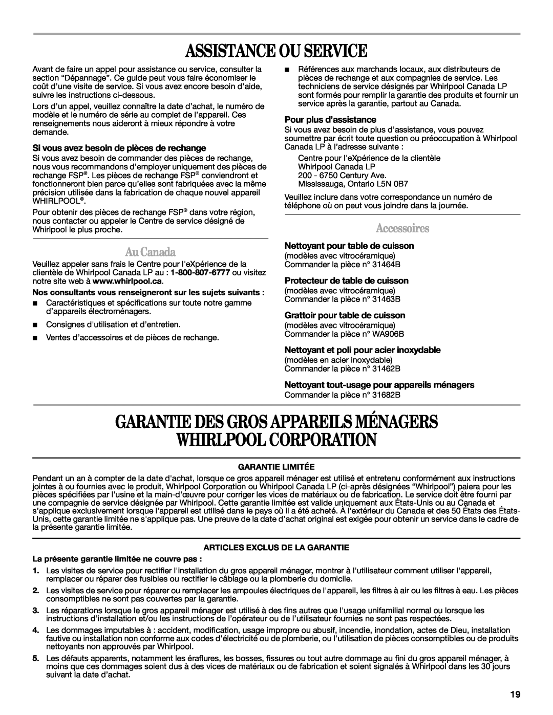 Whirlpool GCI3061XB manual Assistance Ou Service, Garantie Des Gros Appareils Ménagers Whirlpool Corporation, Au Canada 