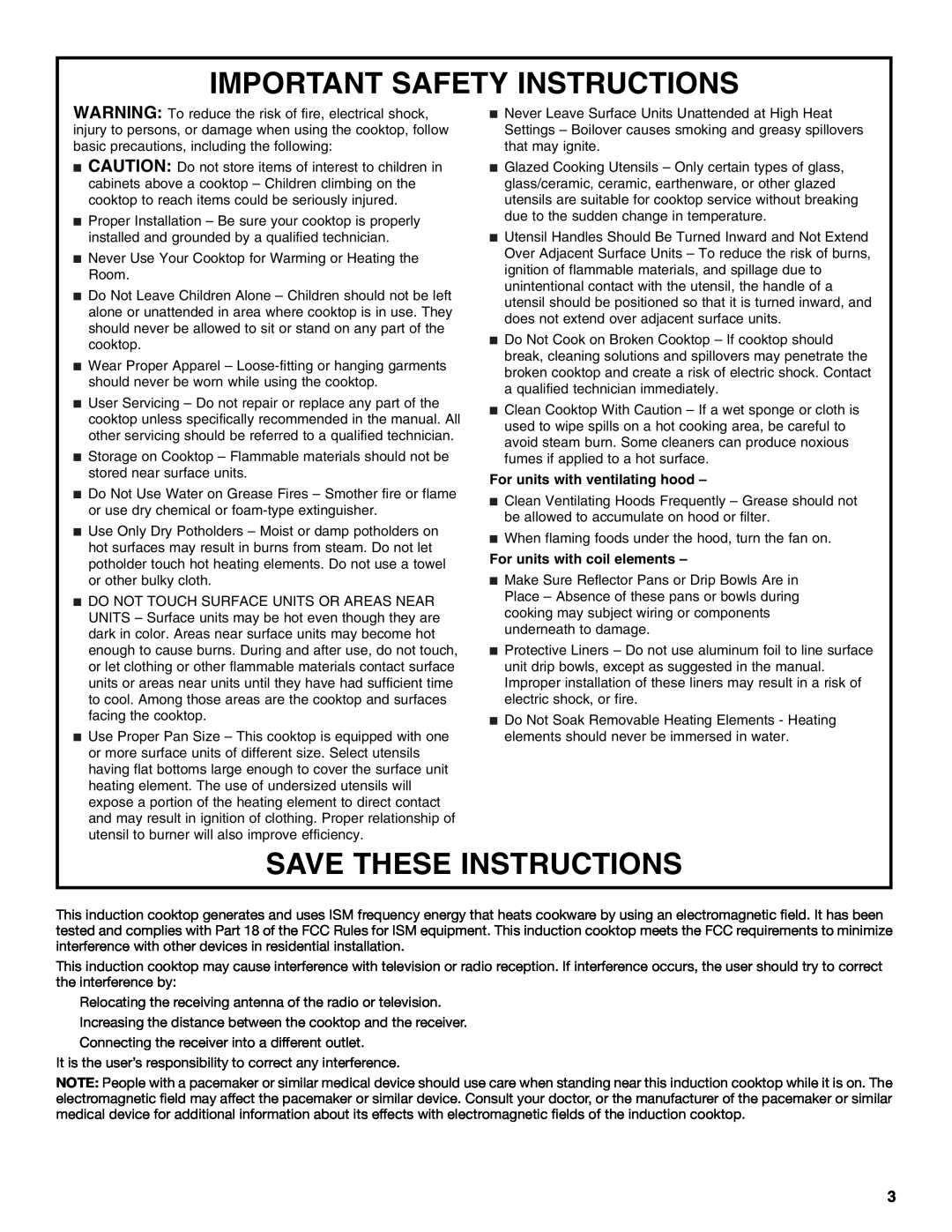 Whirlpool GCI3061XB manual Important Safety Instructions, Save These Instructions, For units with ventilating hood 
