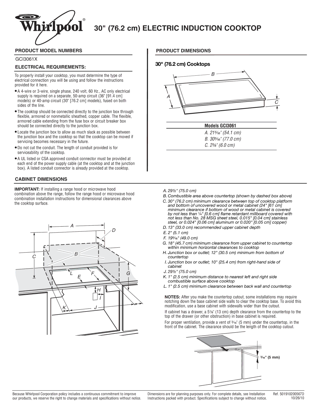 Whirlpool GCI3061X dimensions 30 76.2 cm Electric Induction Cooktop, 30 76.2 cm Cooktops 