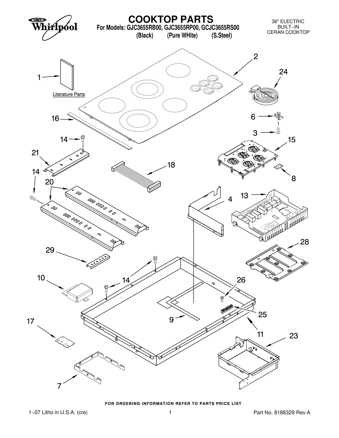 Whirlpool manual Cooktop Parts, For Models GJC3655RB00, GJC3655RP00, GCJC3655RS00 