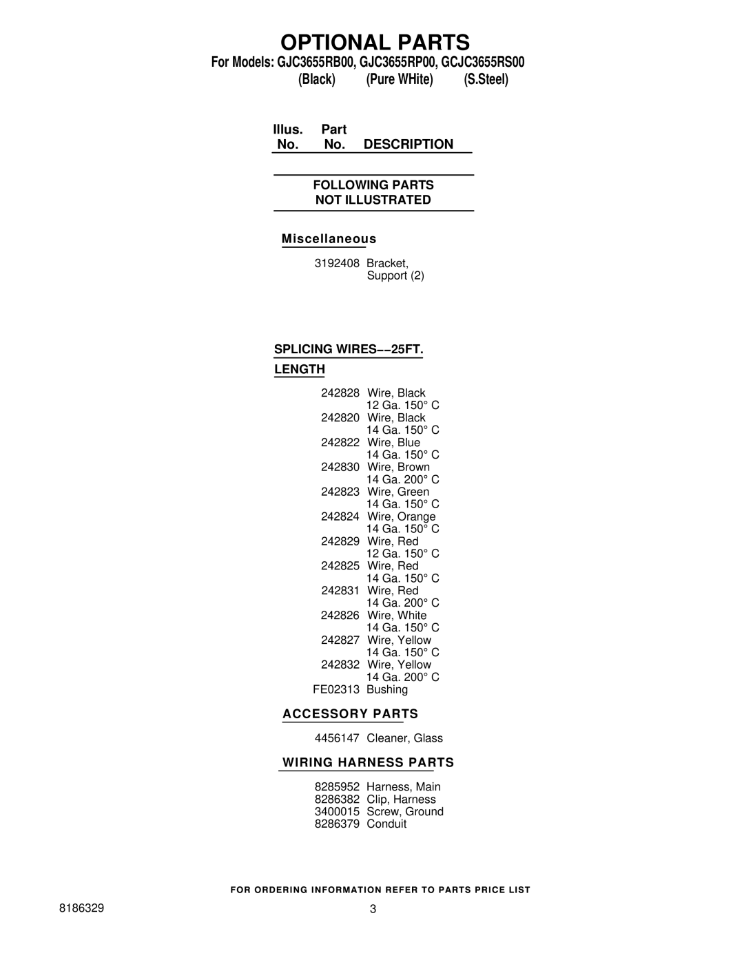 Whirlpool GCJC3655RS00 manual Optional Parts, Description Following Parts Not Illustrated, Splicing WIRES−−25FT Length 