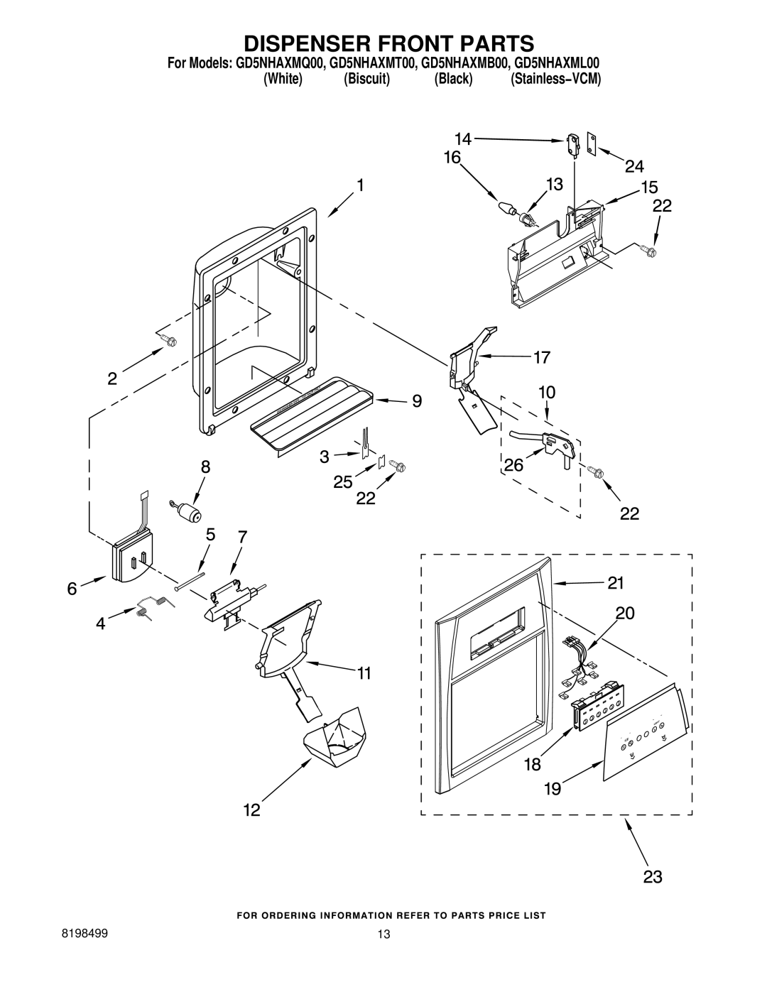 Whirlpool GD5NHAXMQ00, GD5NHAXMT00, GD5NHAXMB00, GD5NHAXML00 manual Dispenser Front Parts 