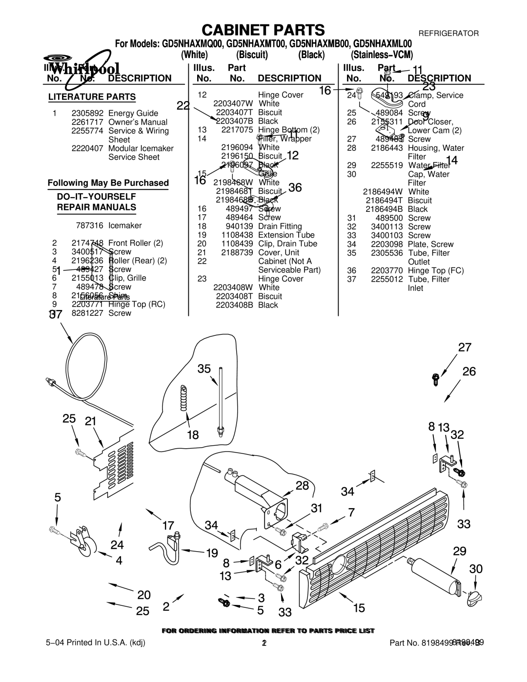 Whirlpool GD5NHAXMB00, GD5NHAXMT00, GD5NHAXMQ00, GD5NHAXML00 manual Literature Parts 