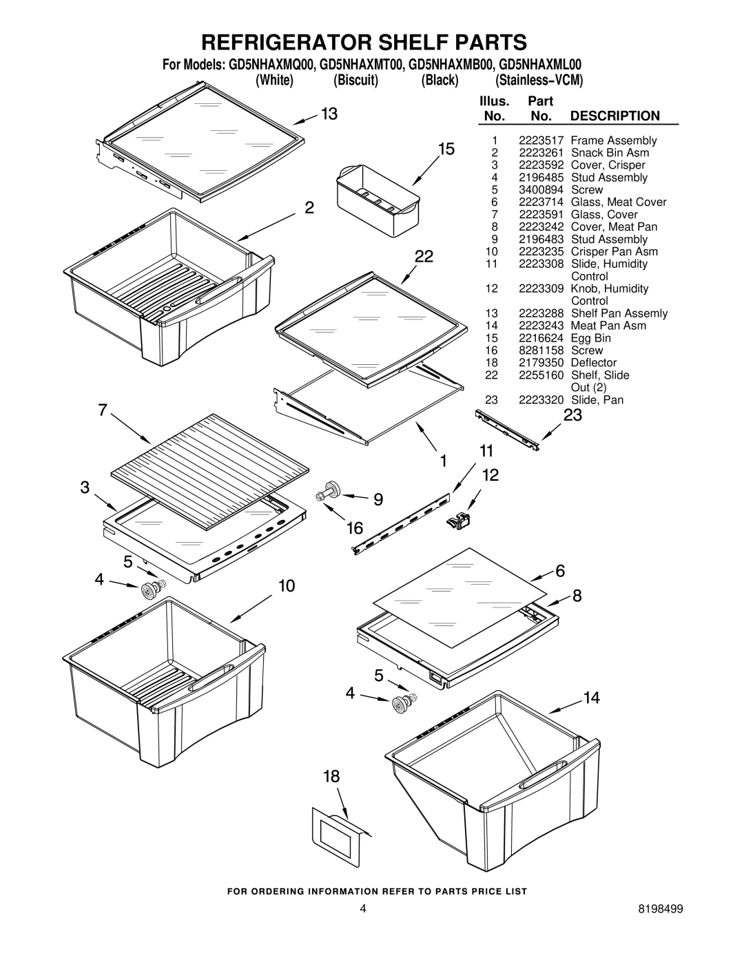 Whirlpool GD5NHAXMT00, GD5NHAXMQ00, GD5NHAXMB00, GD5NHAXML00 manual Refrigerator Shelf Parts 