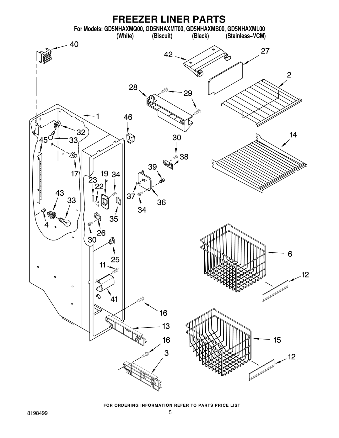 Whirlpool GD5NHAXMQ00, GD5NHAXMT00, GD5NHAXMB00, GD5NHAXML00 manual Freezer Liner Parts 