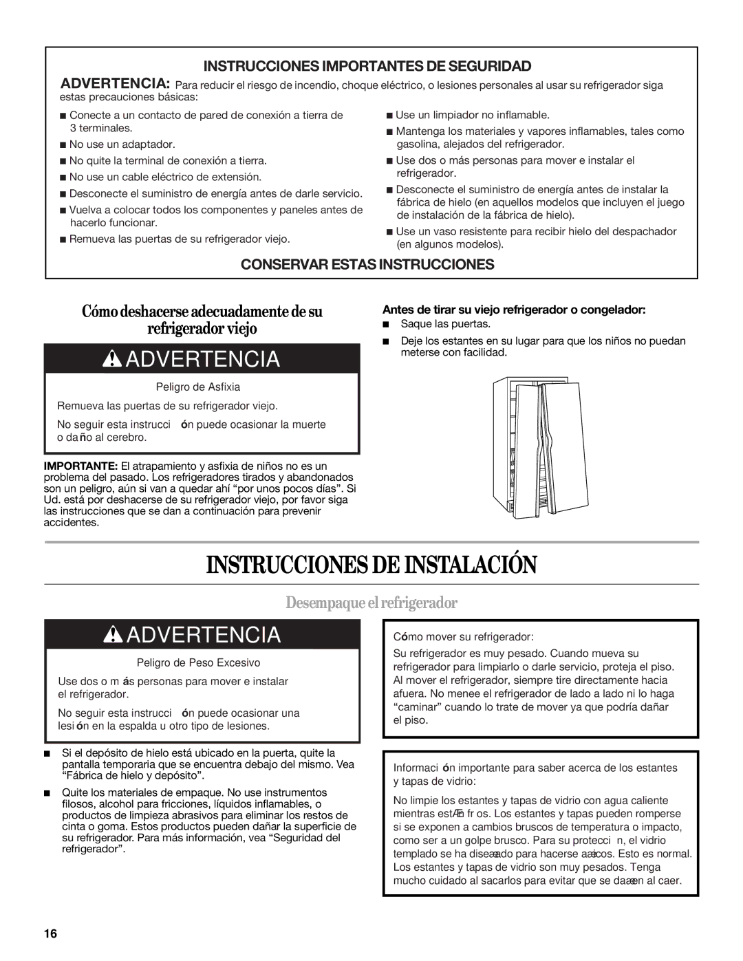 Whirlpool GD5NHAXSB00 warranty Instrucciones DE Instalación, Desempaqueel refrigerador 