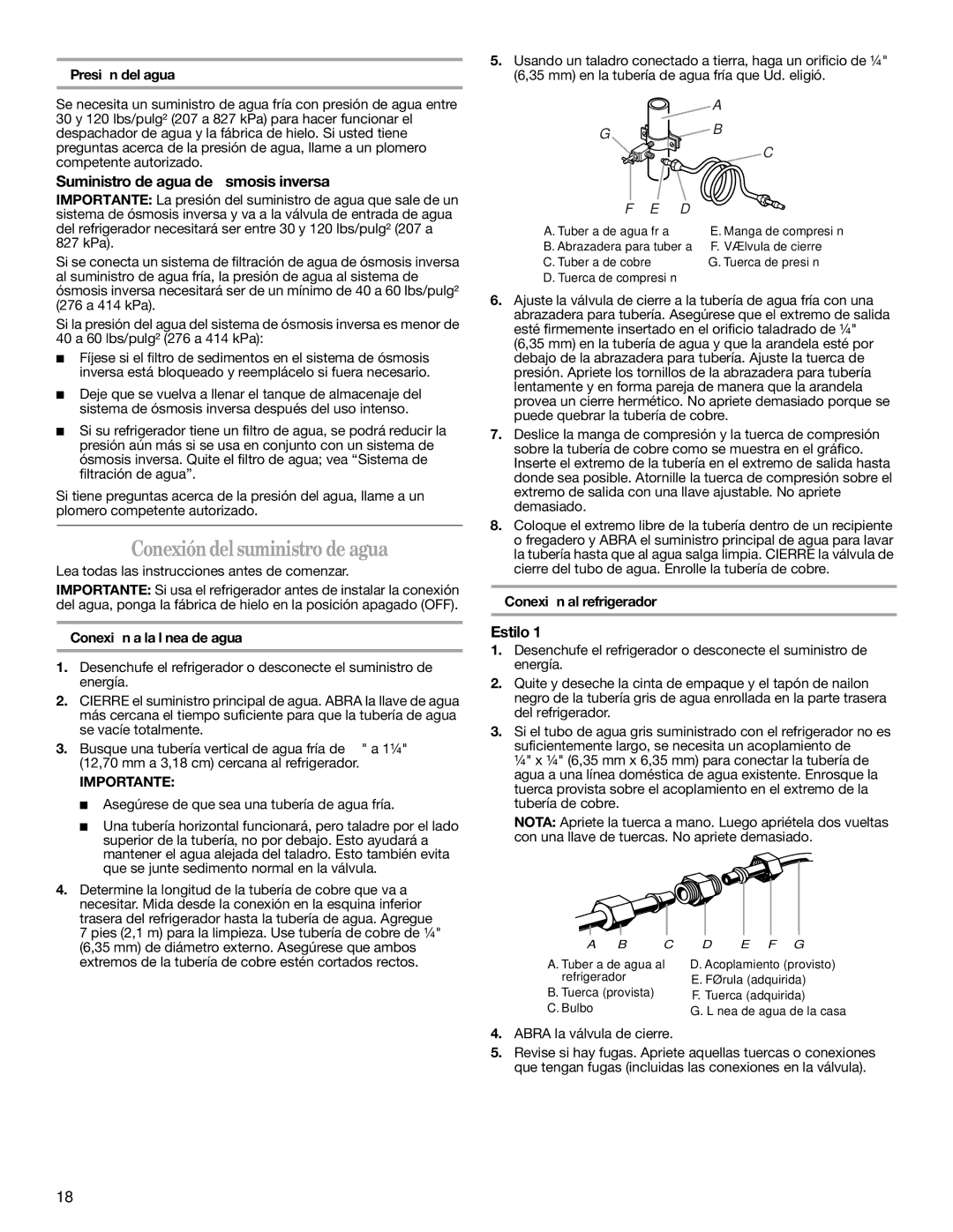 Whirlpool GD5NHAXSB00 warranty Conexióndelsuministro de agua, Suministro de agua de ósmosis inversa, Estilo 