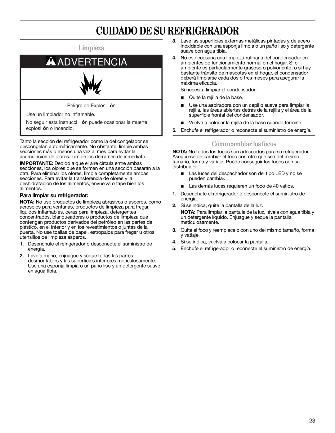 Whirlpool GD5NHAXSB00 warranty Cuidado DE SU Refrigerador, Limpieza, Cómocambiarlosfocos, Para limpiar su refrigerador 