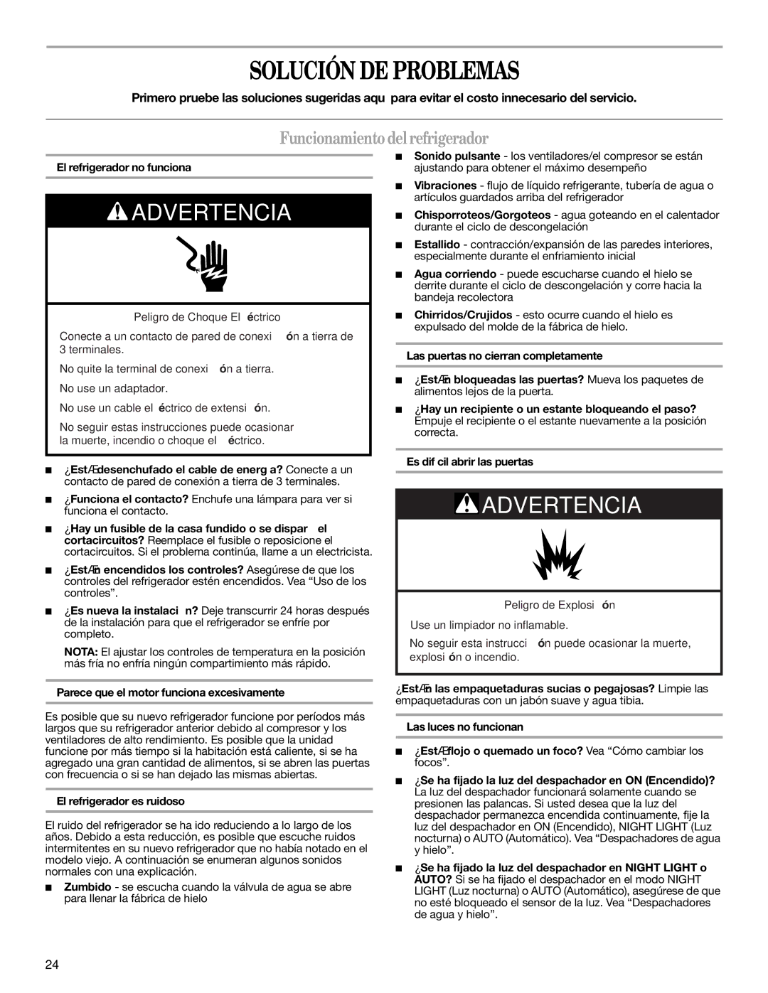 Whirlpool GD5NHAXSB00 warranty Solución DE Problemas, Funcionamientodelrefrigerador, El refrigerador no funciona 