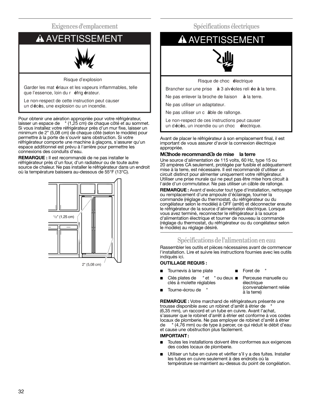 Whirlpool GD5NHAXSB00 warranty Exigences demplacement, Spécifications électriques, Spécifications del’alimentationen eau 